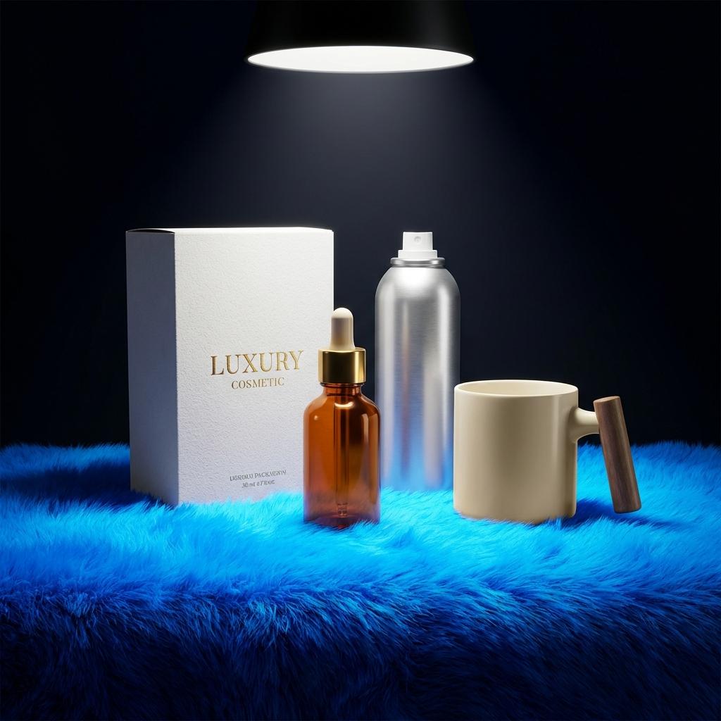 3D Packaging Mockups on Blue Carpet